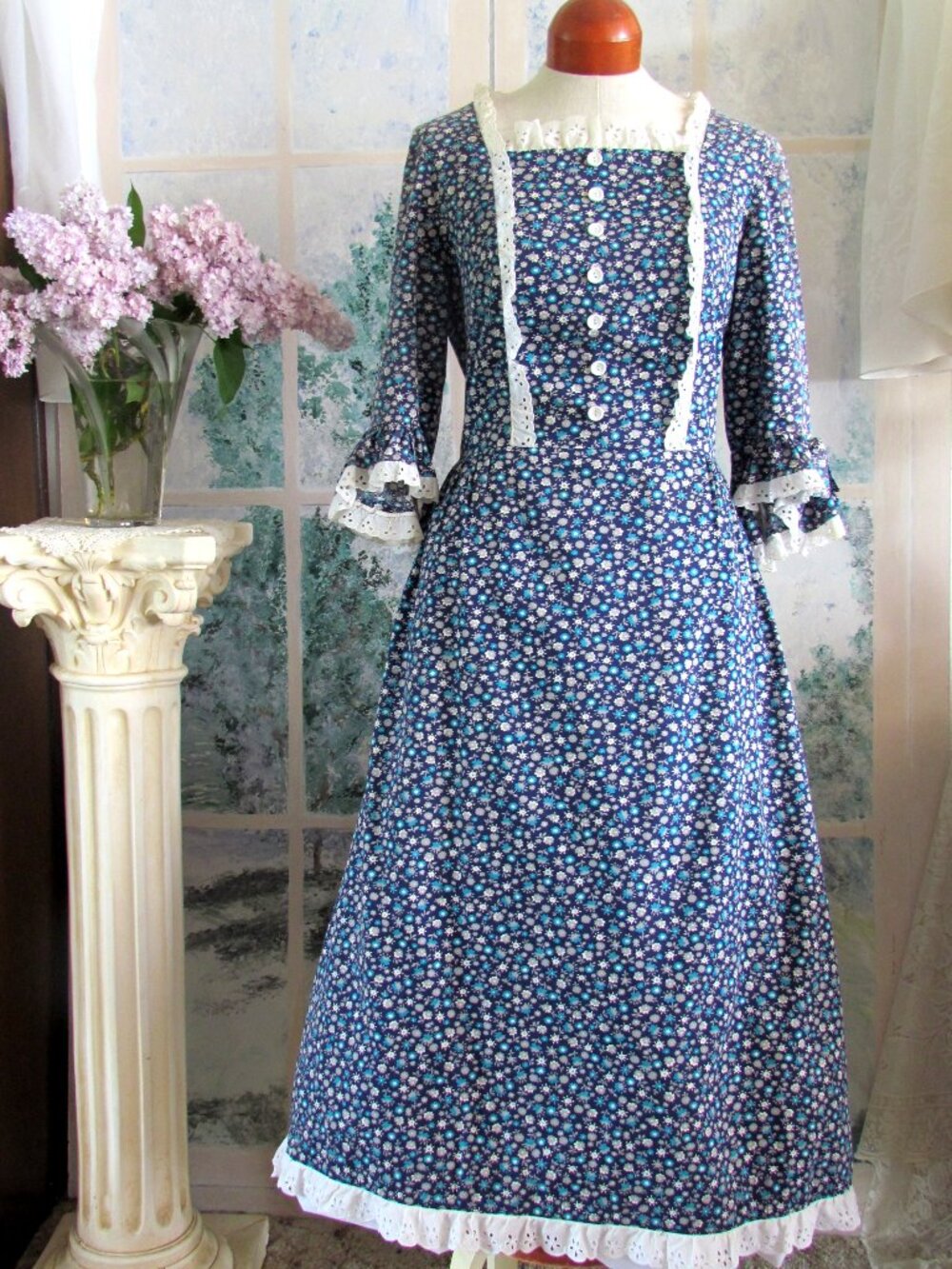 COLONIAL COSTUME DRESS, L, RUFFLED SLEEVES, HANDMADE BLUE COTTON PRINT, THEATER